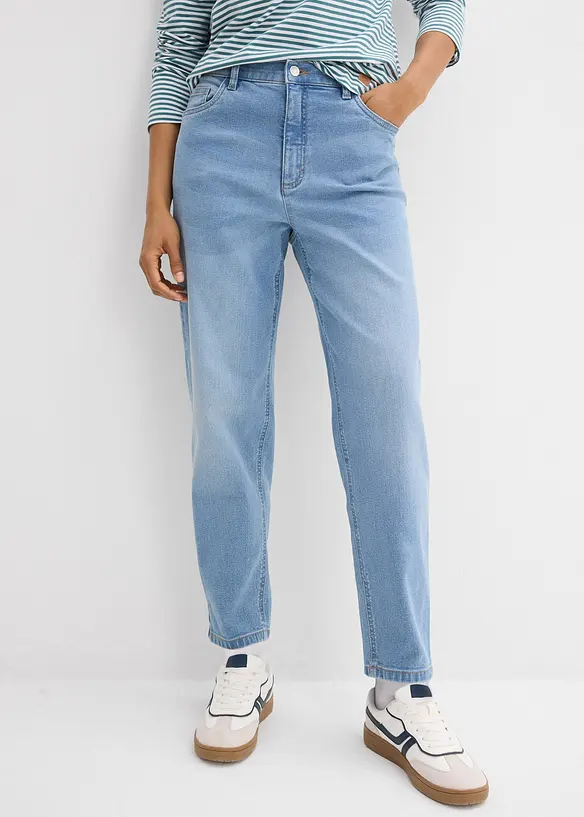 Mom-Jeans High Waist, cropped in blau von vorne - bonprix Mom-Jeans High Waist, cropped in blau von vorne - bonprix