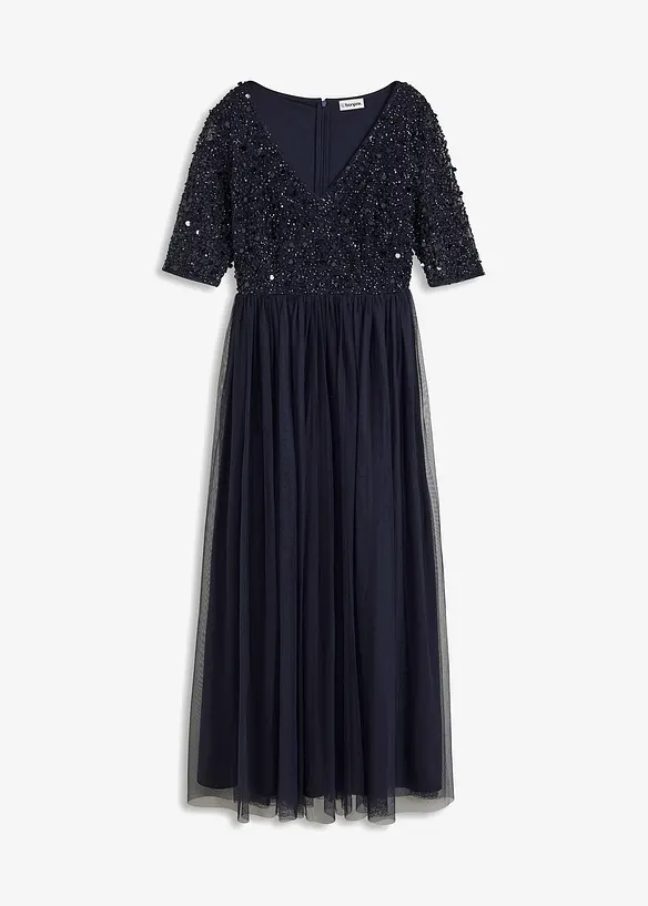 Abendkleid aus zartem Tüll mit Paillettenstickerei in blau von vorne - bonprix