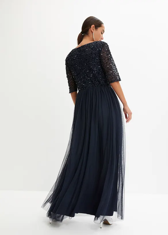 Abendkleid aus zartem Tüll mit Paillettenstickerei in blau von hinten (Totalaufnahme) - bonprix
