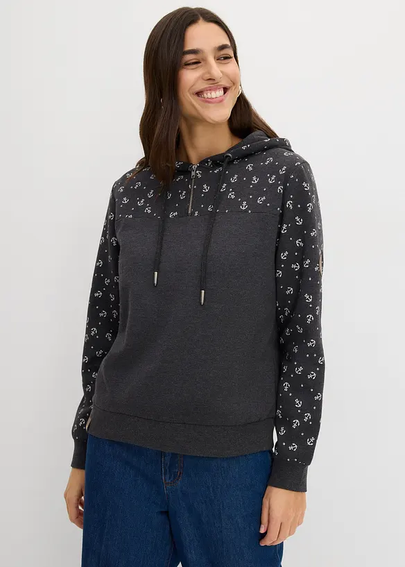 Kapuzensweatshirt mit Reißverschluss aus reiner Baumwolle in grau von vorne (im Anschnitt) - bonprix Kapuzensweatshirt mit Reißverschluss aus reiner Baumwolle in grau von vorne (im Anschnitt) - bonprix