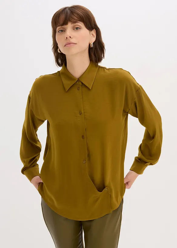 Hemdbluse aus fließendem Satin in grün von vorne (im Anschnitt) - bonprix