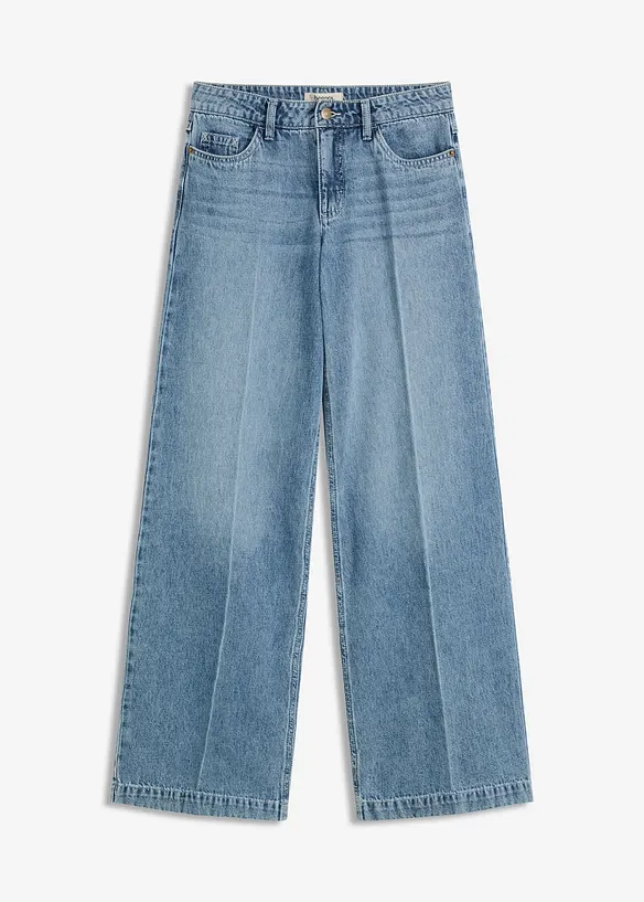 Wide-Leg-Jeans Mid Waist, Low Stretch Full Length in blau von vorne - bonprix