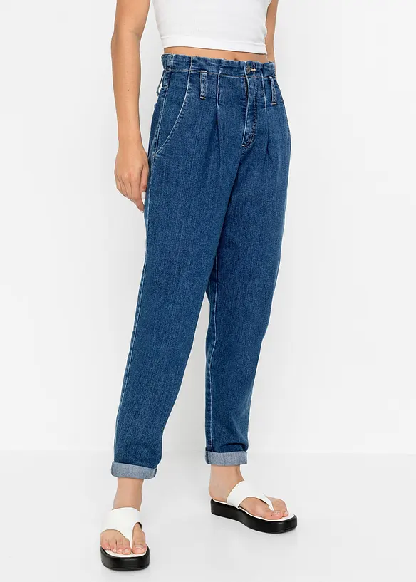 Mom-Jeans, High Waist, Stretch in blau von vorne - bonprix