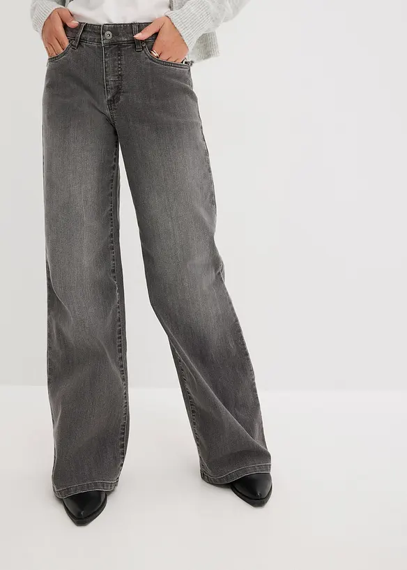 Wide-Leg-Jeans, Mid Waist, Stretch in grau von vorne - bonprix