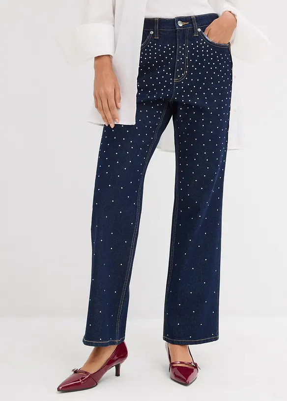 Straight-Jeans Mid Waist mit Strass in blau von vorne - bonprix