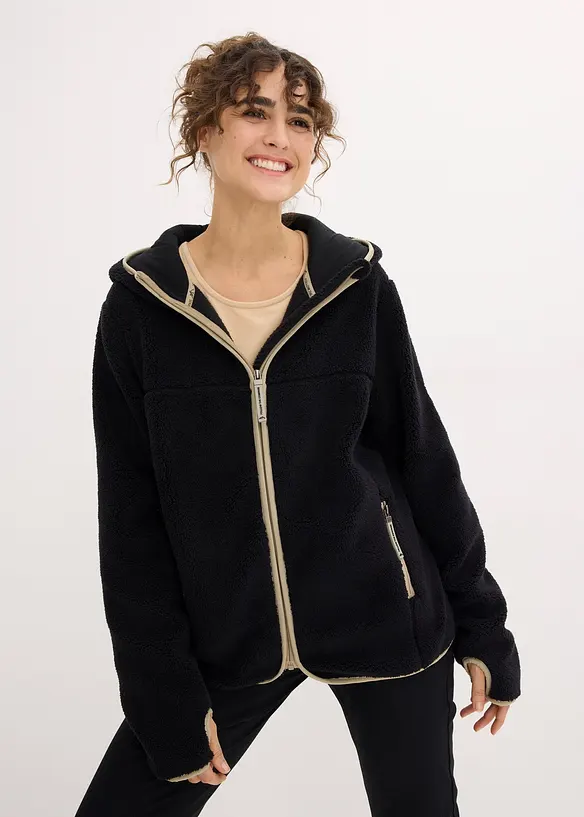 Teddy-Fleece Jacke mit Kapuze in schwarz von vorne (im Anschnitt) - bonprix Teddy-Fleece Jacke mit Kapuze in schwarz von vorne (im Anschnitt) - bonprix