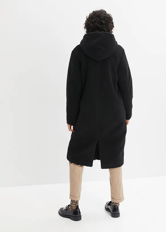 Teddymantel mit Kapuze und Taschen in schwarz von hinten (Totalaufnahme) - bonprix