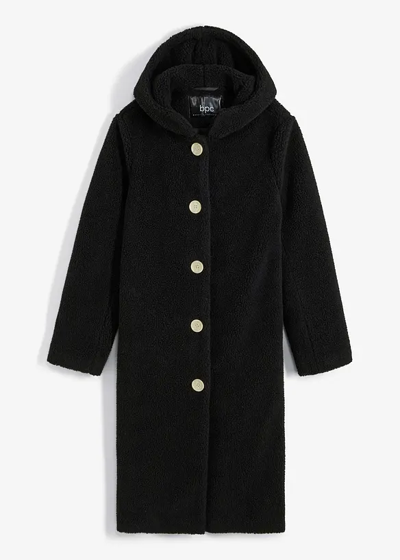 Teddymantel mit Kapuze und Taschen in schwarz von vorne - bonprix