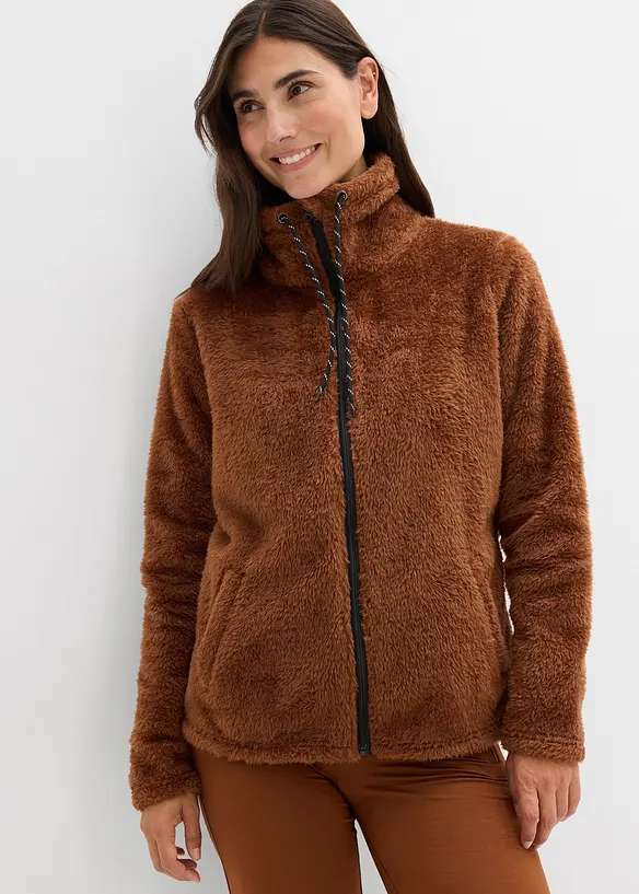 Teddy-Fleece Jacke in braun von vorne (im Anschnitt) - bonprix