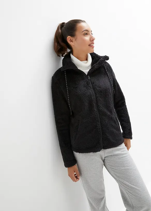 Teddy-Fleece Jacke in schwarz von vorne (im Anschnitt) - bonprix
