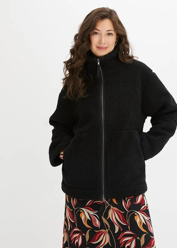 Gefütterte Teddy-Fleece-Jacke in schwarz von vorne (im Anschnitt) - bonprix