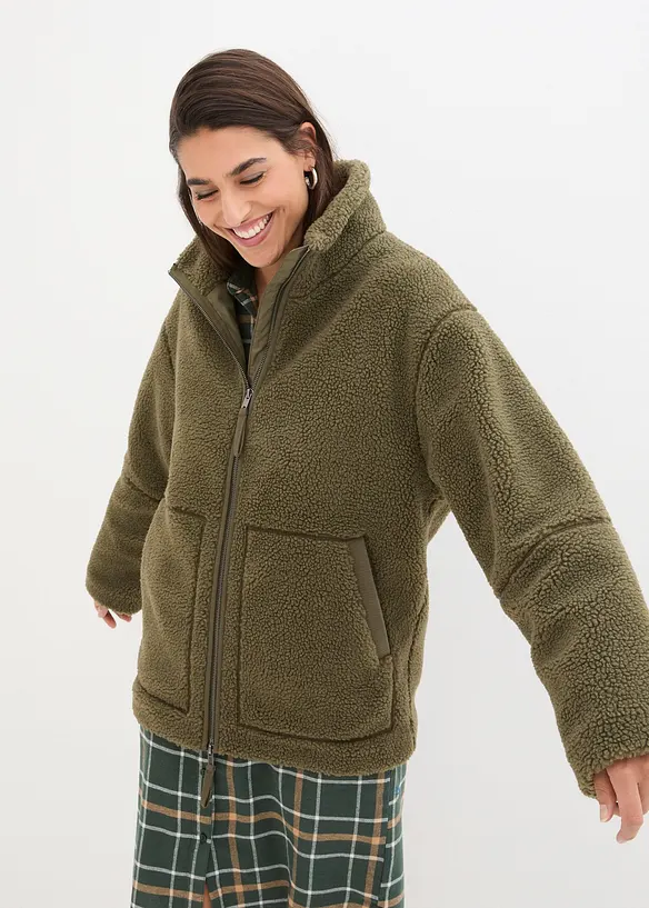 Gefütterte Teddy-Fleece-Jacke in grün von vorne (im Anschnitt) - bonprix