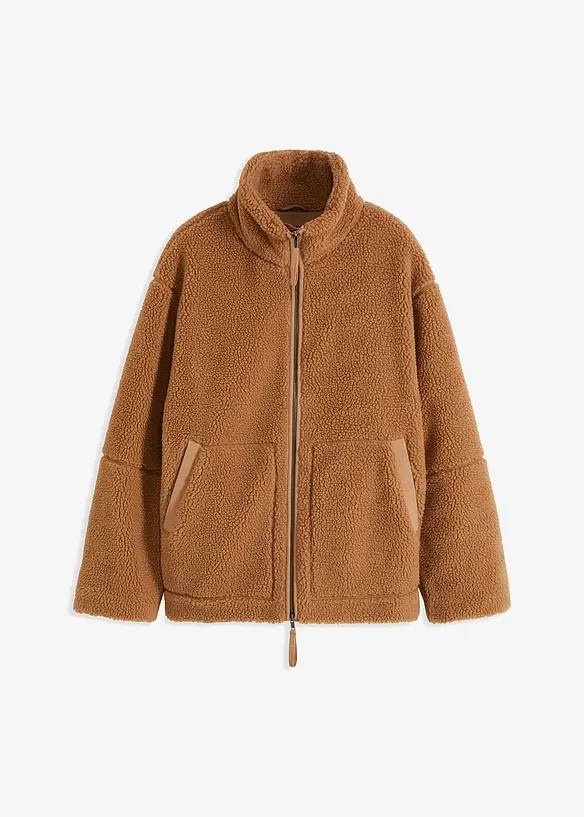 Gefütterte Teddy-Fleece-Jacke in braun von vorne - bonprix