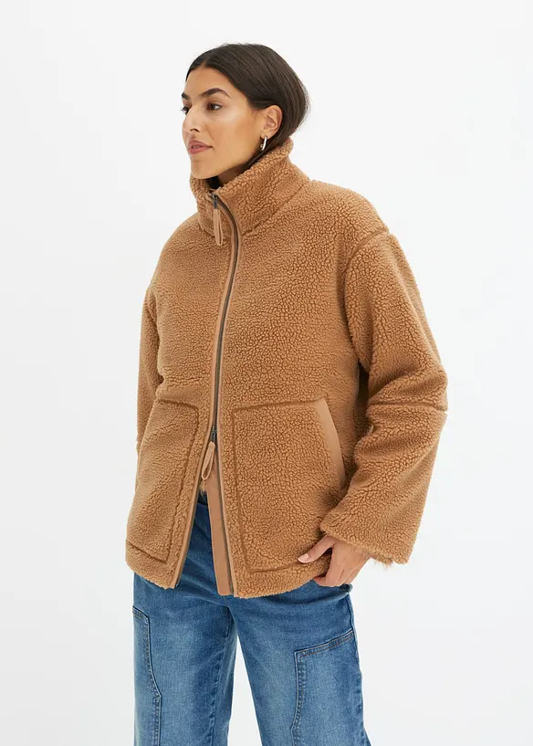 Gefütterte Teddy-Fleece-Jacke in braun von vorne (im Anschnitt) - bonprix