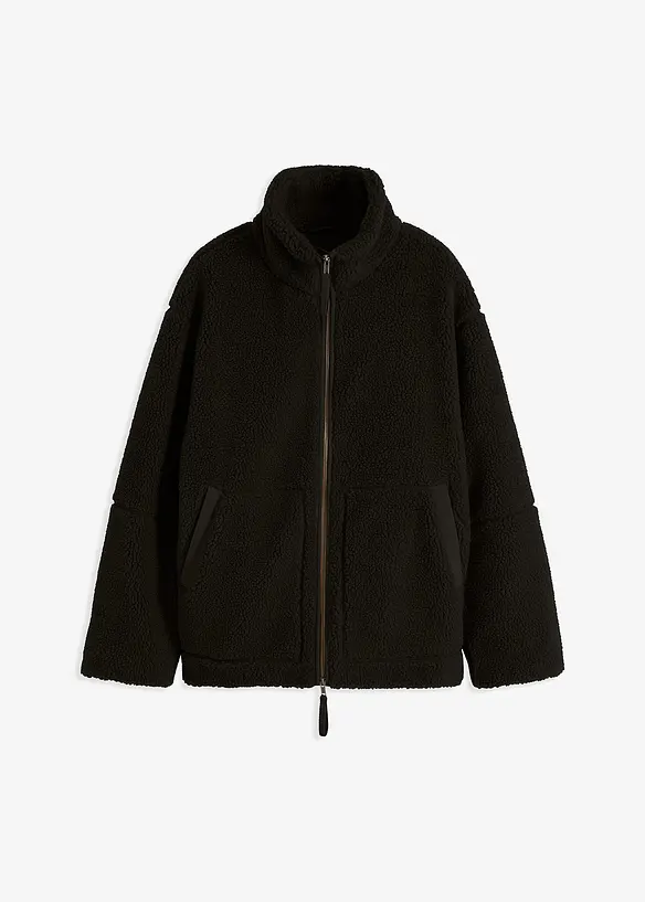 Gefütterte Teddy-Fleece-Jacke in schwarz von vorne - bonprix