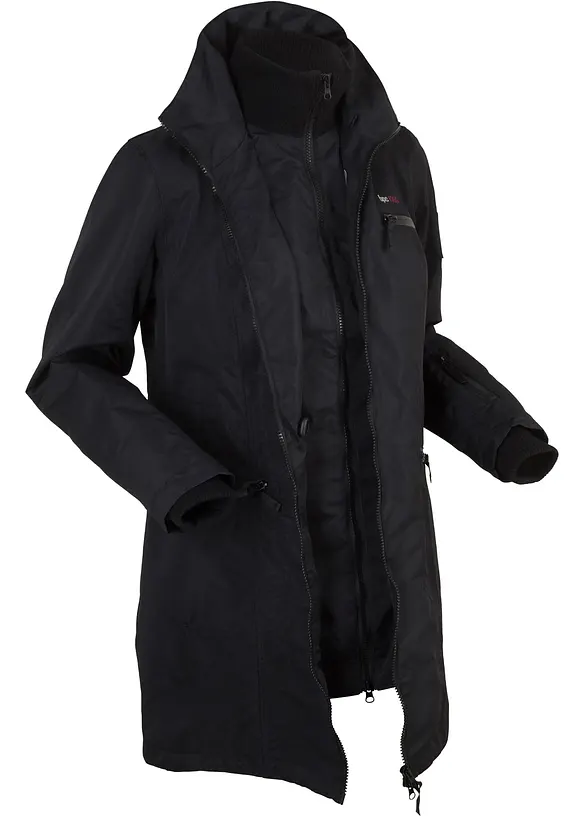 Wasserdichter Funktions-Outdoor-Übergangsmantel mit Kapuze, 2 in 1-Optik in schwarz von vorne - bonprix