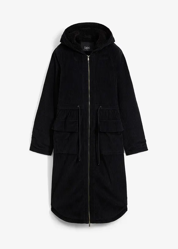 Cord-Mantel mit Teddy-Fleece Kapuze aus reiner Baumwolle in schwarz von vorne - bonprix