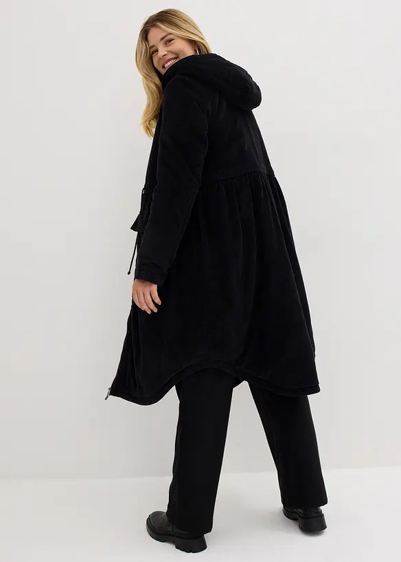 Cord-Mantel mit Teddy-Fleece Kapuze aus reiner Baumwolle in schwarz von hinten (Totalaufnahme) - bonprix
