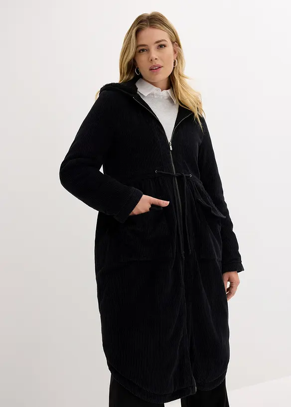 Cord-Mantel mit Teddy-Fleece Kapuze aus reiner Baumwolle in schwarz von vorne (Totalaufnahme) - bonprix