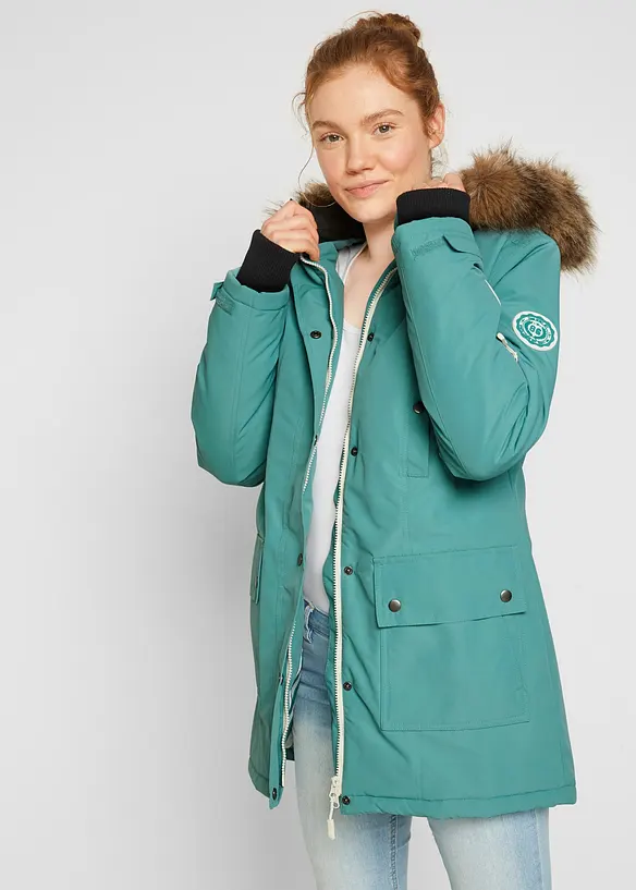 wasserdichte Outdoor-Funktions-Jacke mit Kapuze in grün von vorne (im Anschnitt) - bonprix