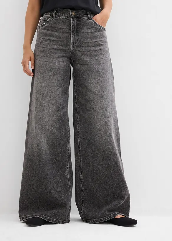 Wide-Leg-Jeans Mid Waist in grau von vorne - bonprix