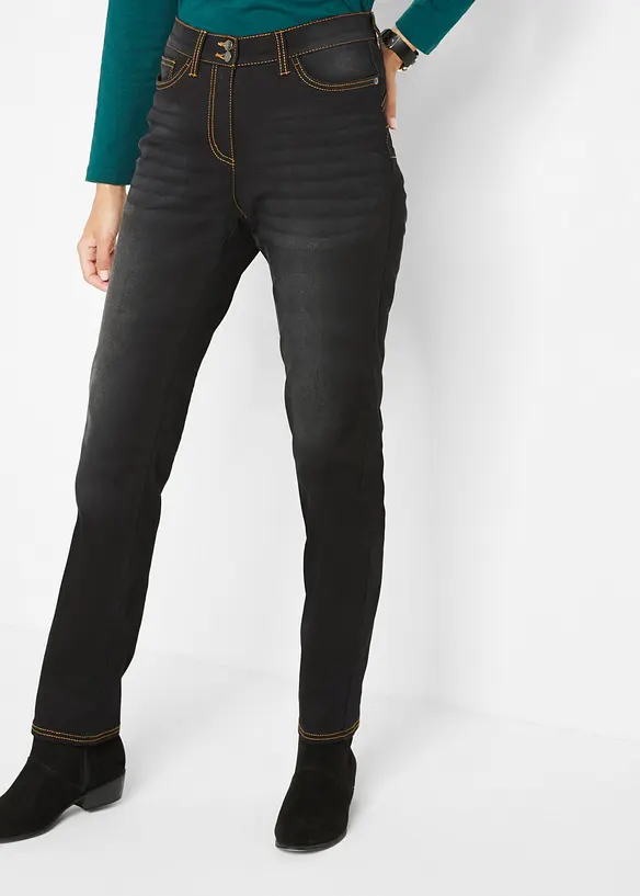Wärmende Straight-Jeans, Mid Waist in schwarz von vorne - bonprix