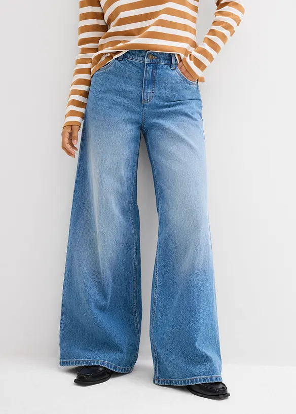 Wide-Leg-Jeans Mid Waist in blau von vorne - bonprix