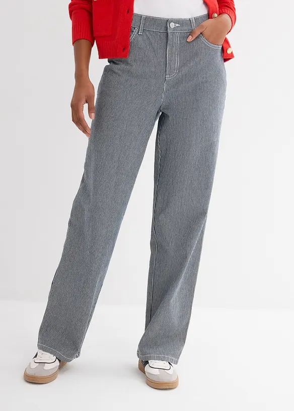 Loose Straight-Jeans, High Waist, gestreift in blau von vorne - bonprix