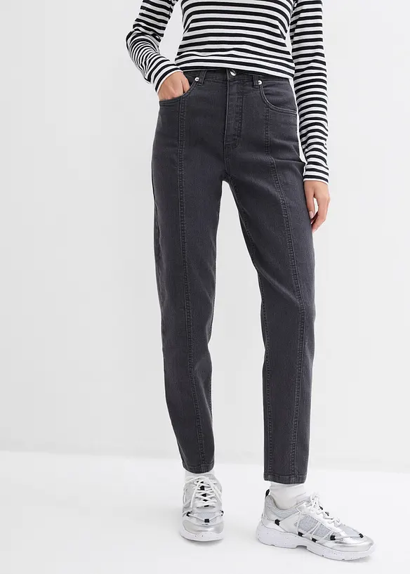 Mom-Jeans High Waist, Stretch in grau von vorne - bonprix