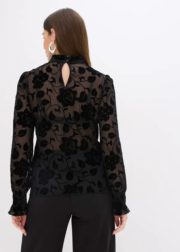 transparentes Langarmshirt mit Flockprint in schwarz von hinten (im Anschnitt) - bonprix transparentes Langarmshirt mit Flockprint in schwarz von hinten (im Anschnitt) - bonprix