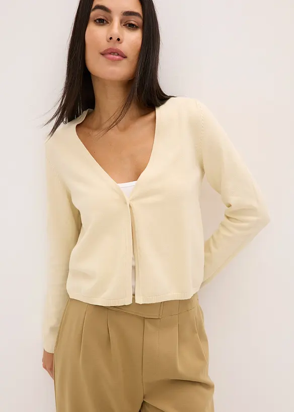 Feinstrickjacke in beige von vorne (im Anschnitt) - bonprix