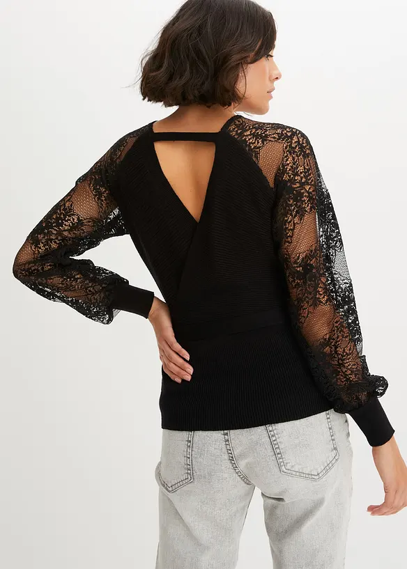 Feinstrickpullover mit Spitze in schwarz von hinten (im Anschnitt) - bonprix Feinstrickpullover mit Spitze in schwarz von hinten (im Anschnitt) - bonprix