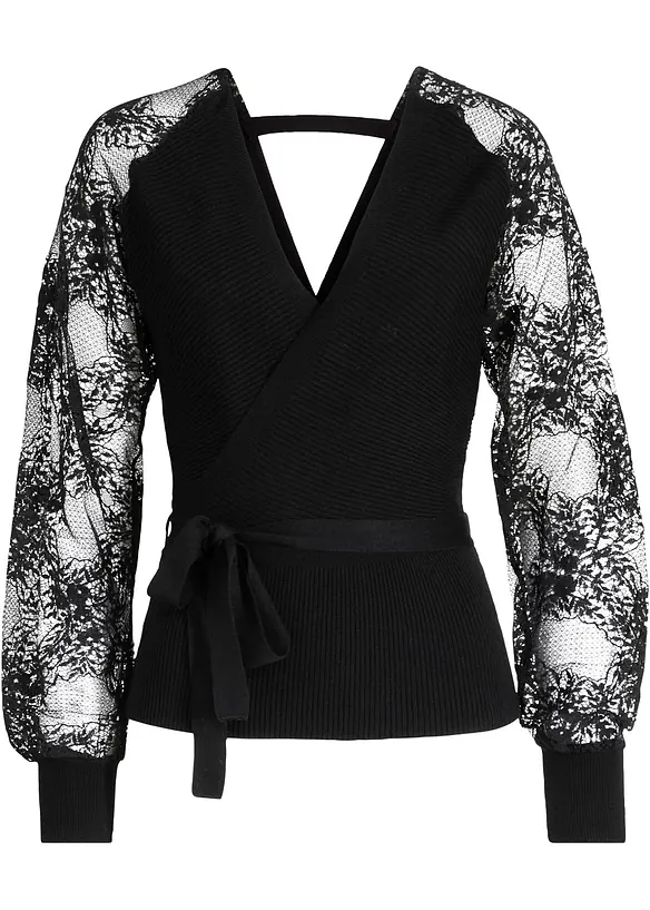 Feinstrickpullover mit Spitze in schwarz von vorne - bonprix Feinstrickpullover mit Spitze in schwarz von vorne - bonprix