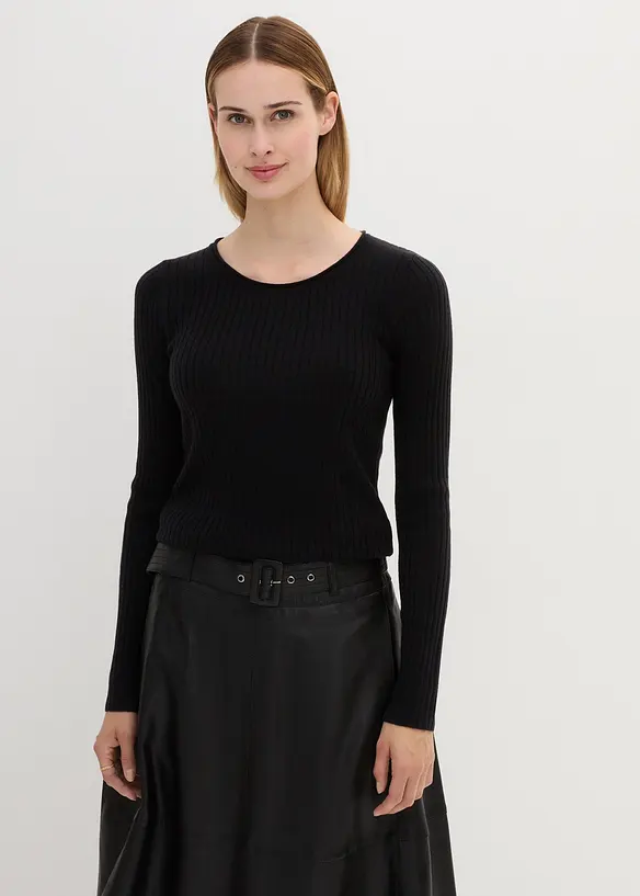 Rippenpullover aus Merinowolle in schwarz von vorne (im Anschnitt) - bonprix Rippenpullover aus Merinowolle in schwarz von vorne (im Anschnitt) - bonprix
