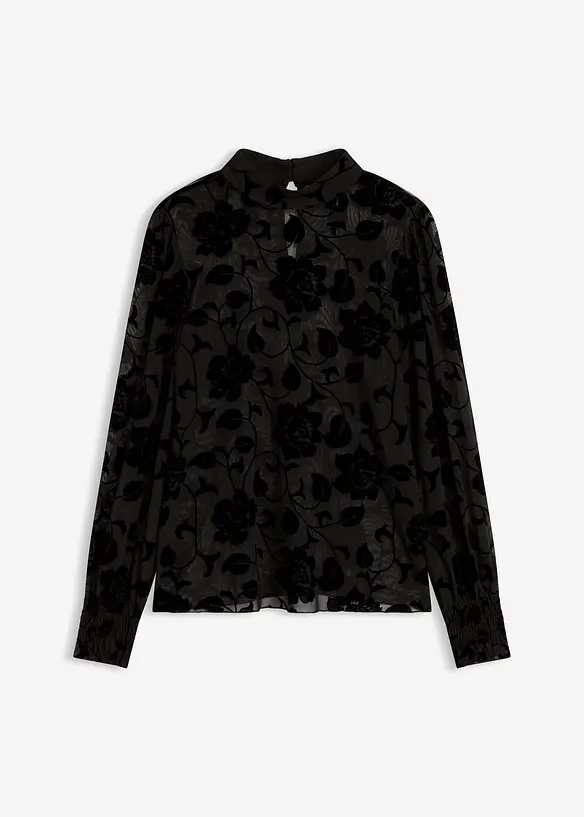 transparentes Langarmshirt mit Flockprint in schwarz von vorne - bonprix transparentes Langarmshirt mit Flockprint in schwarz von vorne - bonprix