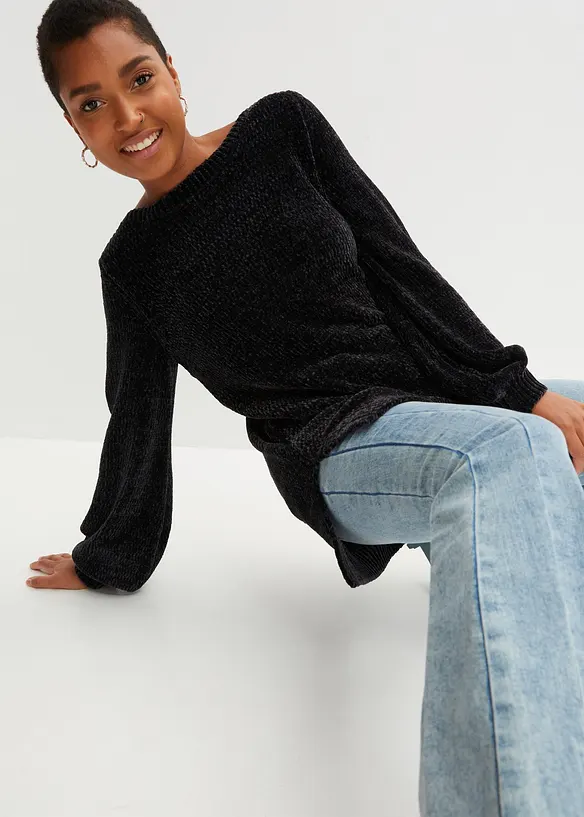 Chenille-Longpullover in schwarz von vorne (im Anschnitt) - bonprix