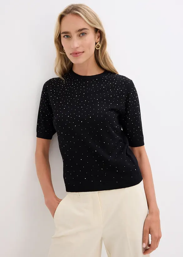 Halbarm Feinstrickpullover mit Glitzersteinchen in schwarz von vorne (im Anschnitt) - bonprix