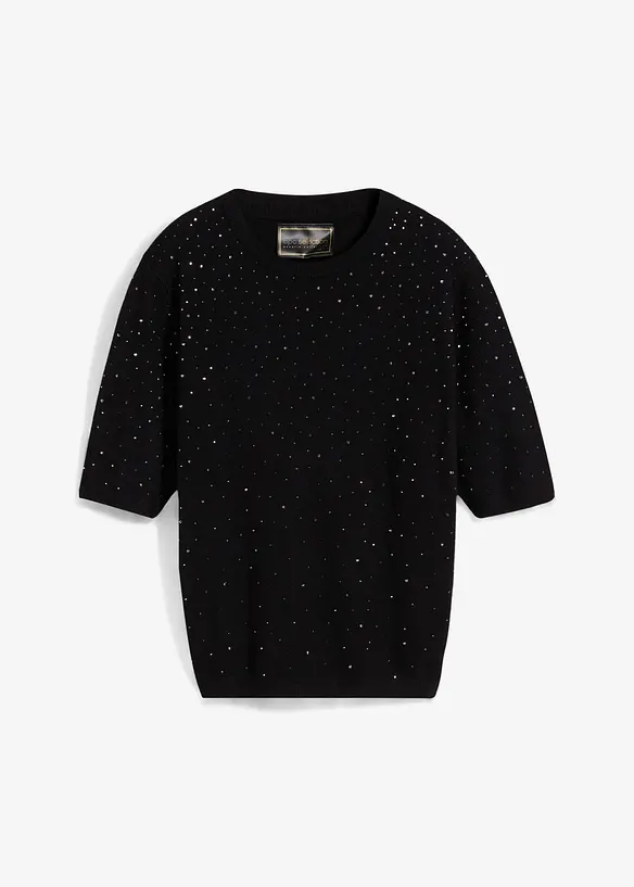 Halbarm Feinstrickpullover mit Glitzersteinchen in schwarz von vorne - bonprix