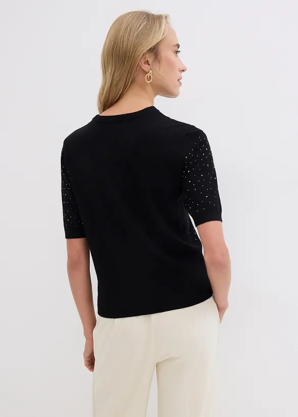 Halbarm Feinstrickpullover mit Glitzersteinchen in schwarz von hinten (im Anschnitt) - bonprix