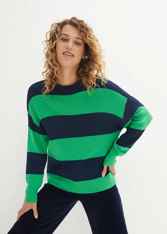Feinstrickpullover mit Blockstreifen in grün von vorne (im Anschnitt) - bonprix