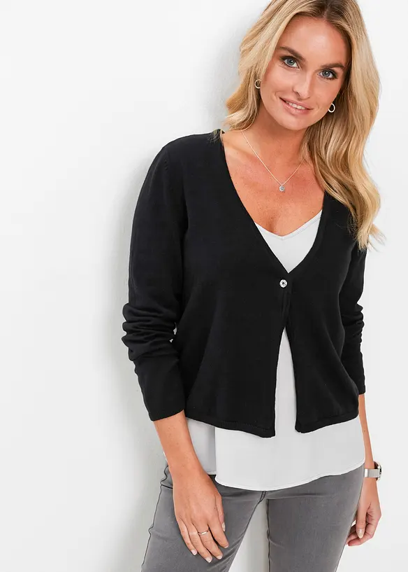 Feinstrickjacke in schwarz von vorne (im Anschnitt) - bonprix