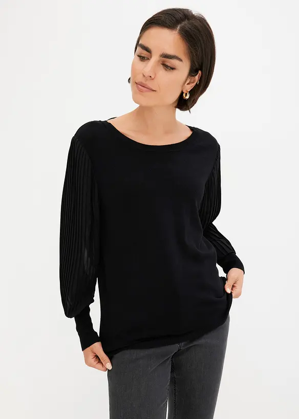 Feinstrickpullover aus softem Viskose-Mix in schwarz von vorne (im Anschnitt) - bonprix