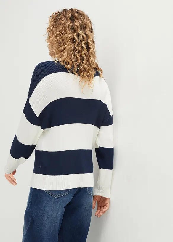 Feinstrickpullover mit Blockstreifen in blau von hinten (im Anschnitt) - bonprix Feinstrickpullover mit Blockstreifen in blau von hinten (im Anschnitt) - bonprix