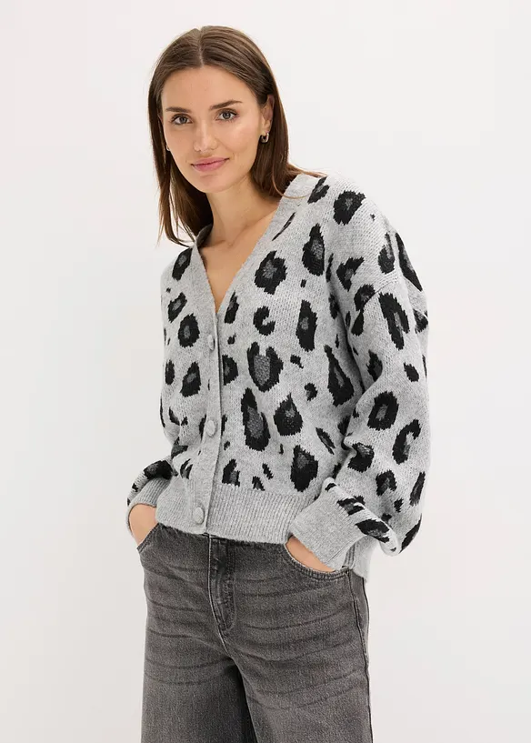 Strickjacke mit Jacquardmuster in grau von vorne (im Anschnitt) - bonprix