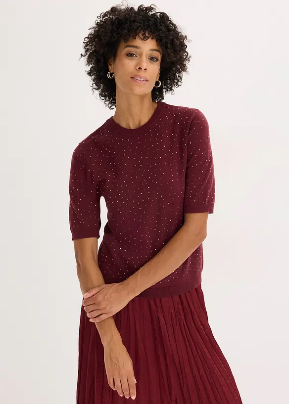 Halbarm Feinstrickpullover mit Glitzersteinchen in rot von vorne (im Anschnitt) - bonprix