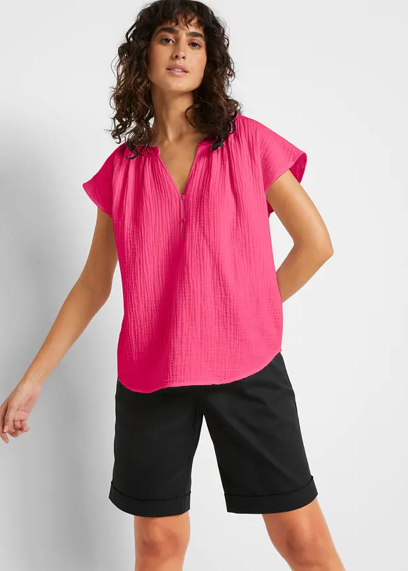 Musselin-Blusentop aus reiner Baumwolle in pink von vorne (im Anschnitt) - bonprix