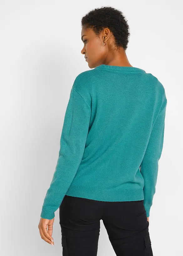 Strick-Pullover mit Rundhals-Ausschnitt in petrol von hinten (im Anschnitt) - bonprix