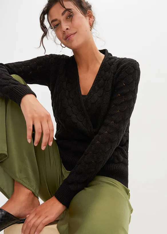 Ajour-Pullover in Wickeloptik in schwarz von vorne (im Anschnitt) - bonprix