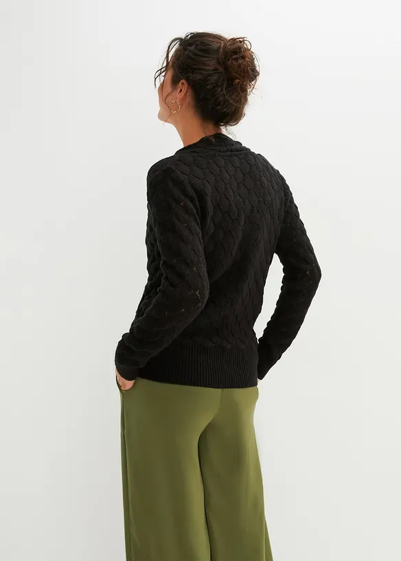 Ajour-Pullover in Wickeloptik in schwarz von hinten (im Anschnitt) - bonprix
