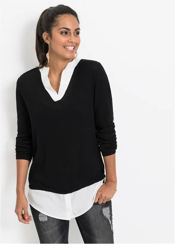 Feinstrickpullover mit Bluseneinsatz in schwarz von vorne (im Anschnitt) - bonprix Feinstrickpullover mit Bluseneinsatz in schwarz von vorne (im Anschnitt) - bonprix
